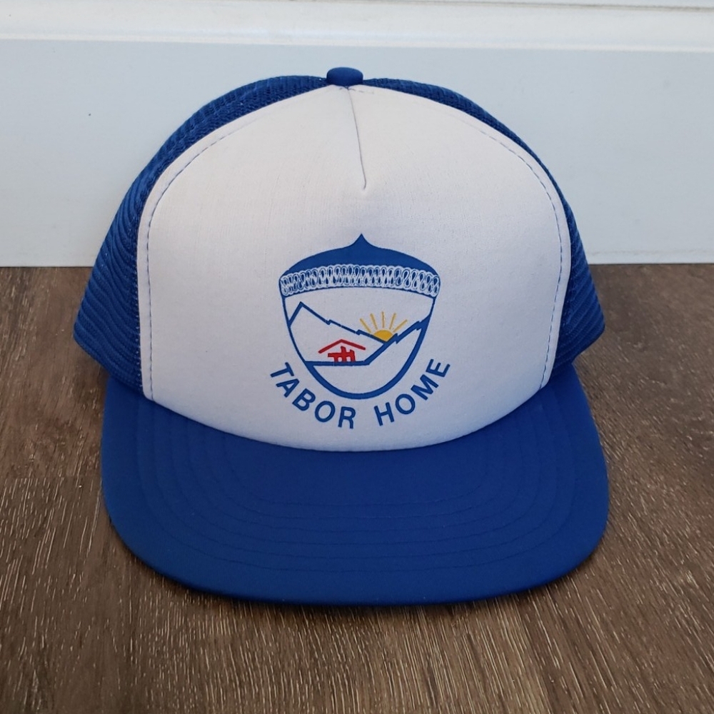 Vintage 80s 90s graphic patch blue white trucker hat cap, OS adult adjustable